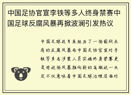 中国足协官宣李铁等多人终身禁赛中国足球反腐风暴再掀波澜引发热议