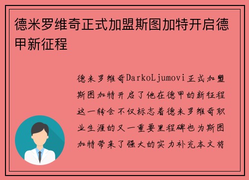 德米罗维奇正式加盟斯图加特开启德甲新征程